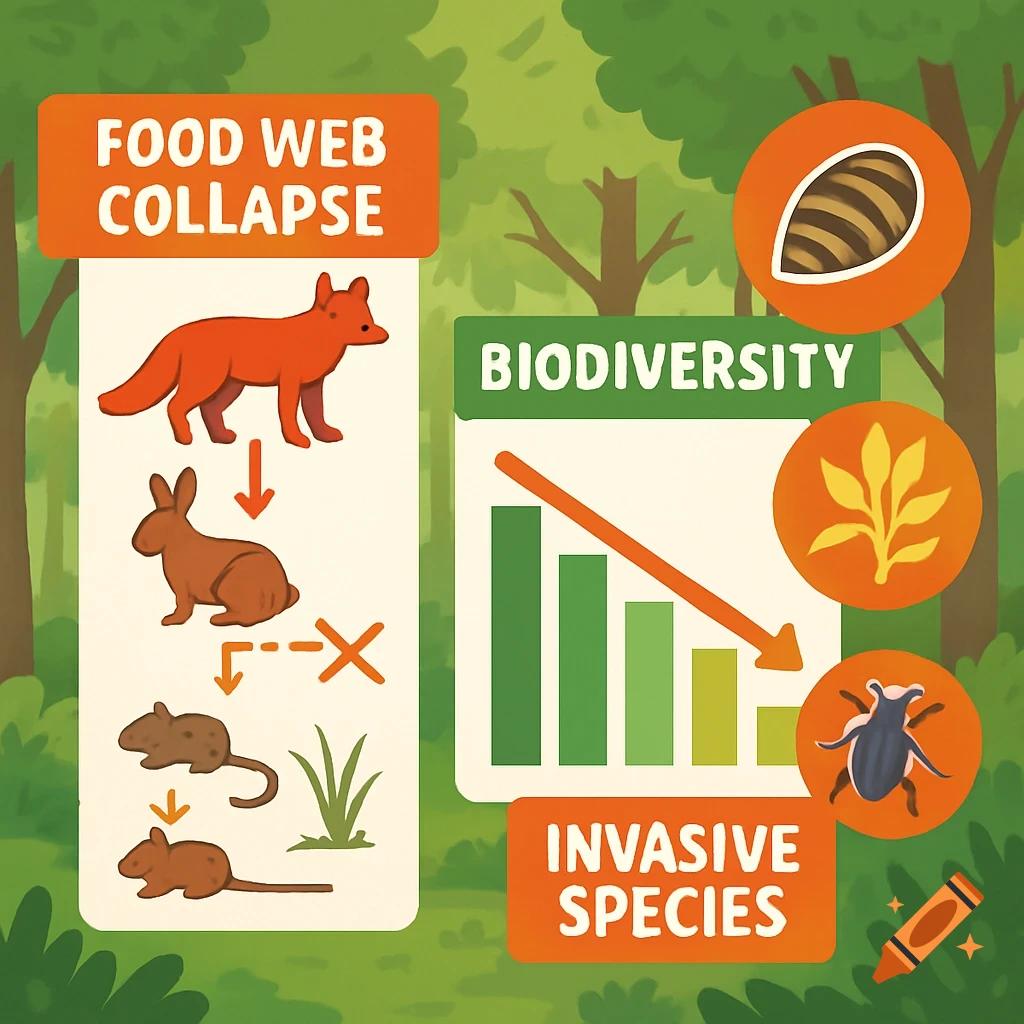 Infographic illustration showing food web collapse, declining biodiversity chart, and invasive species icons in a forest.