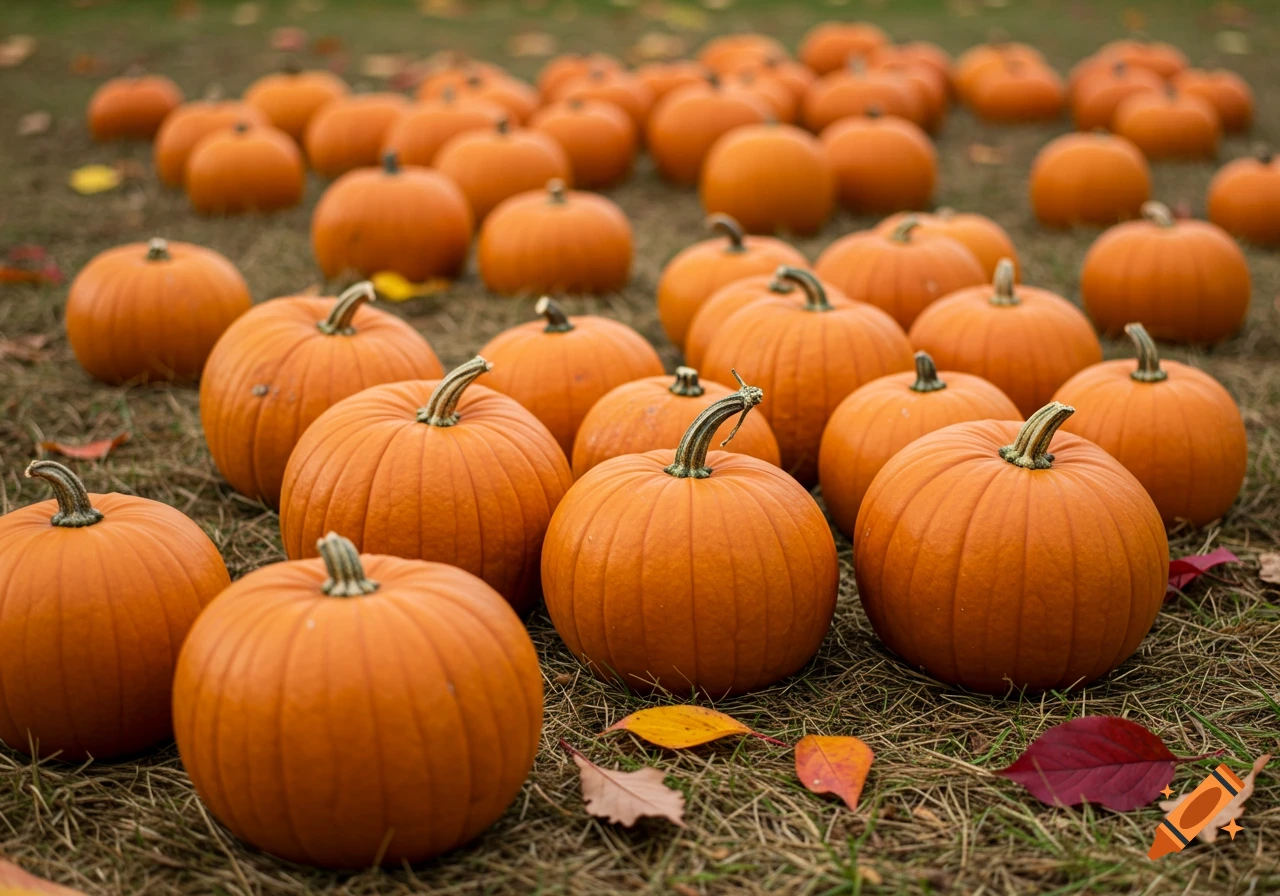 Many orange pumpkins scattered on the ground with fall leaves.