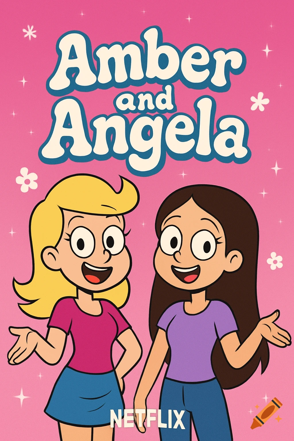 Cartoon TV show cover 'Amber and Angela' with two girls on a pink background