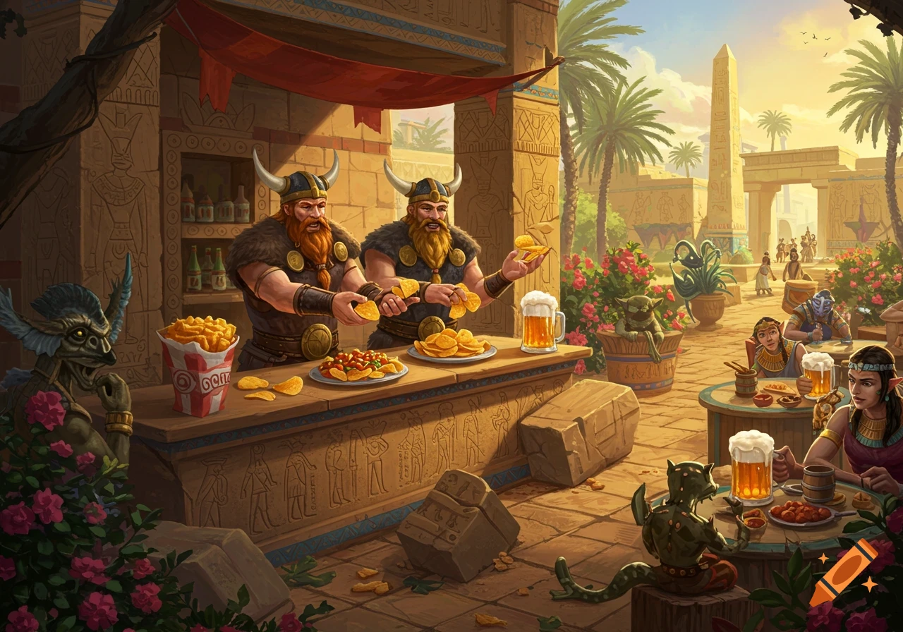Viking warriors serve chips and beer at an outdoor bar in an ancient city with fantasy creatures.