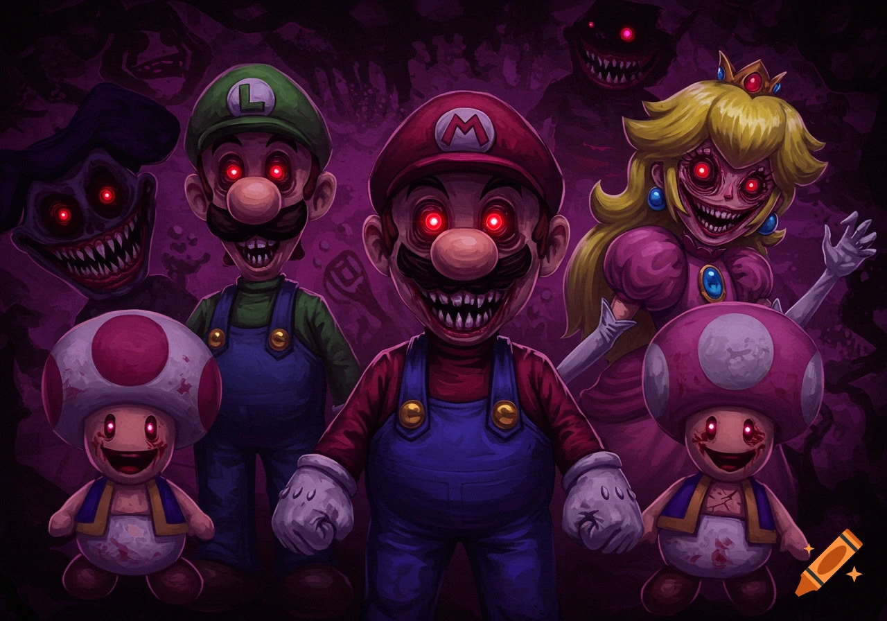 Corrupted Mario, Luigi, Peach, and Toads with red eyes and sharp teeth stand in a dark purple background.
