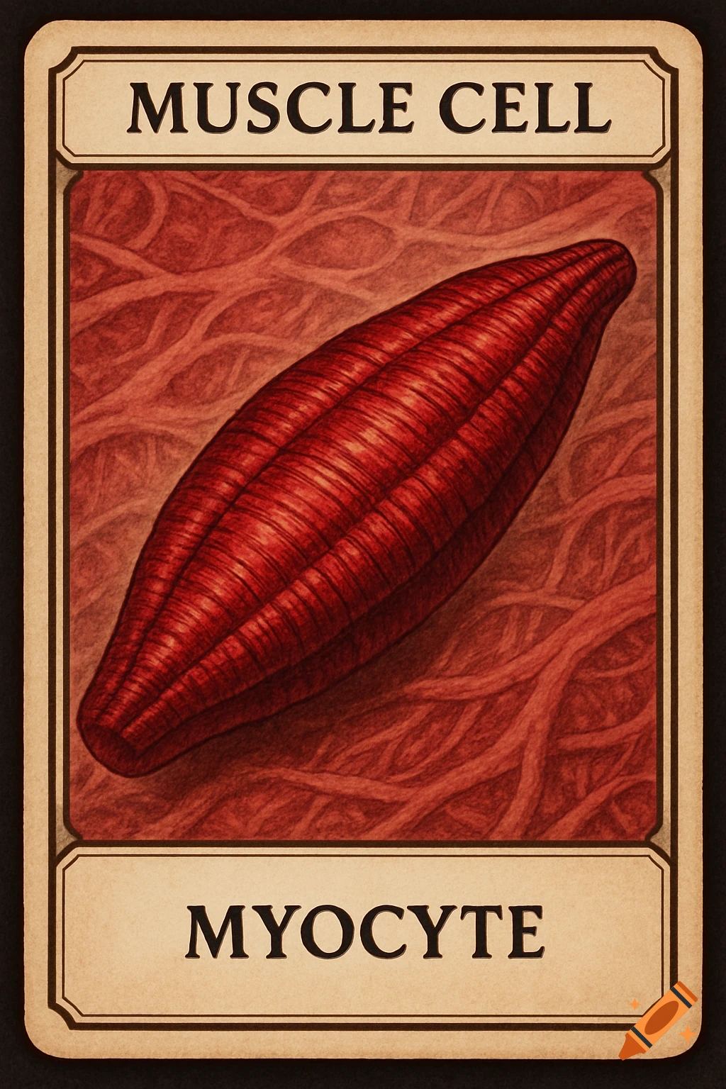 Artistic illustration of a muscle cell on a biological game card.