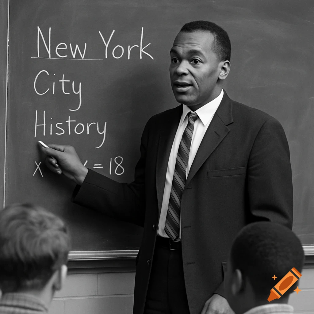 Black and white photo of a teacher pointing at a chalkboard in a classroom in the 1960s.