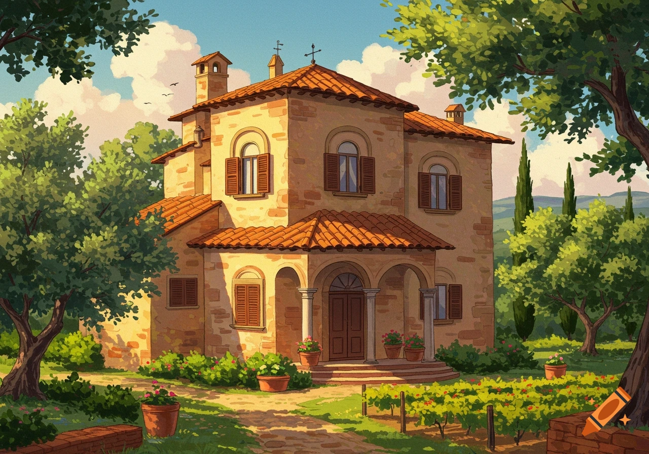 An Italian villa with red tile roofs and arched porch sits among olive trees and a vineyard under a sunny sky.
