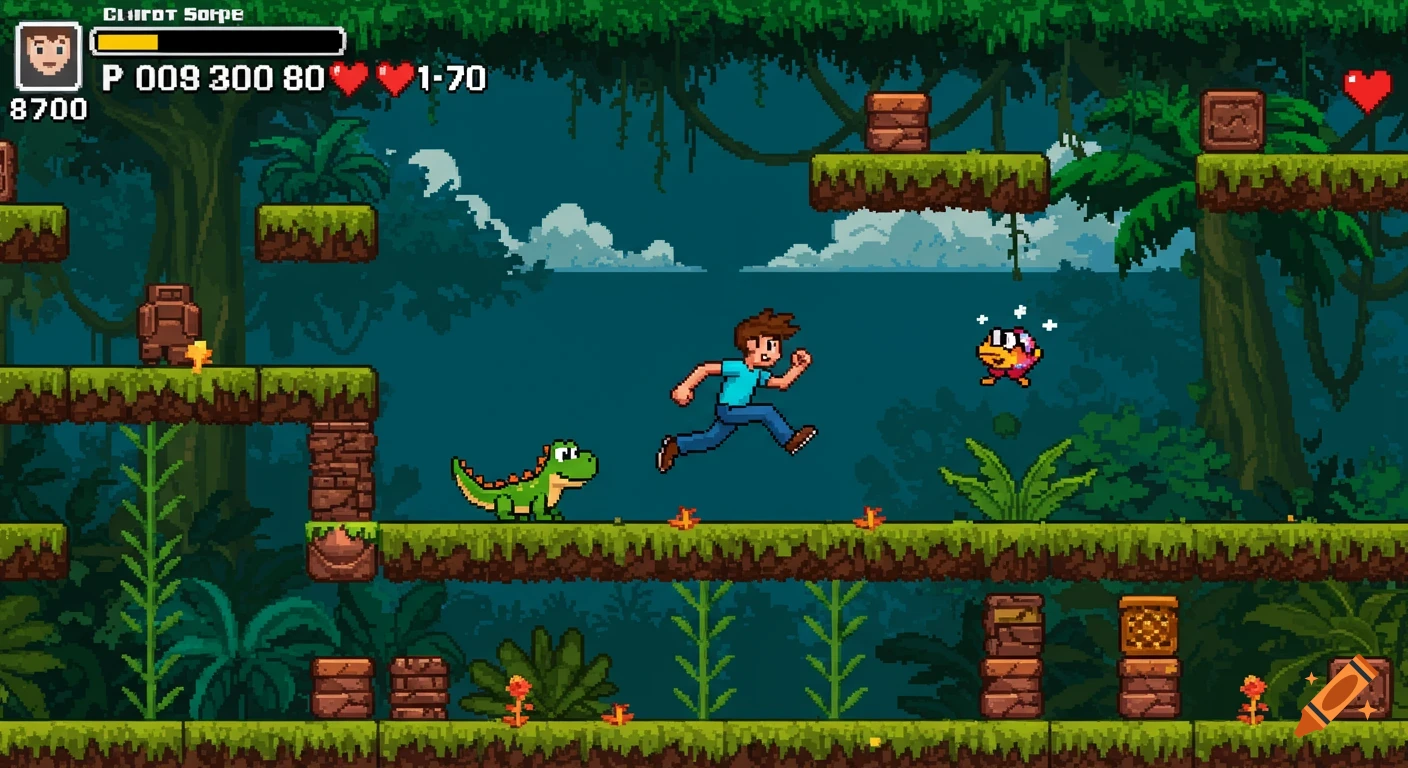 Pixel art platformer game scene with a character running in a jungle level, featuring a dinosaur, enemies, and game interface.