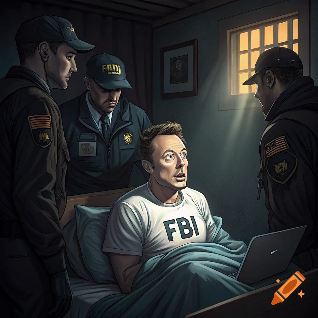 Elon Musk in bed surrounded by three men in uniforms, one wearing a shirt with 'FBI' text.