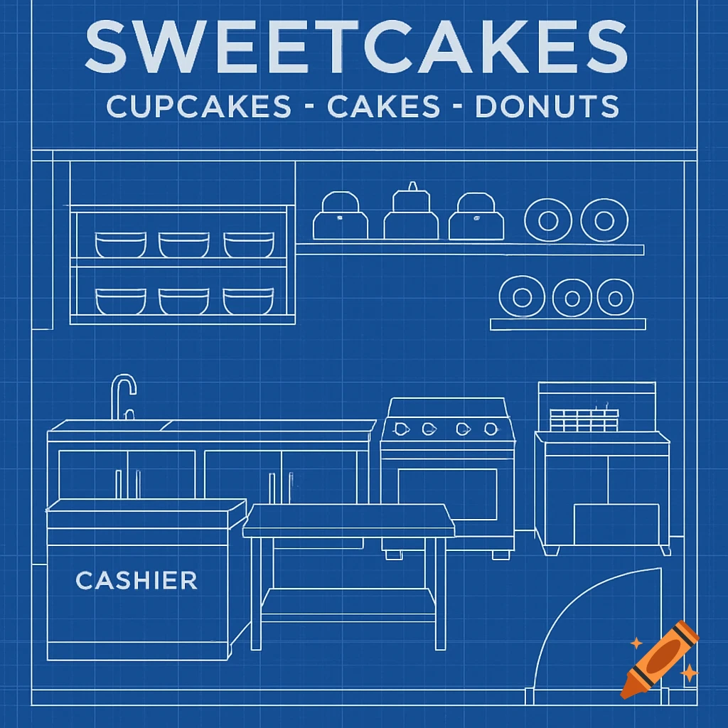 Blueprint drawing of a store kitchen layout with text 'SWEETCAKES' and 'CASHIER'.