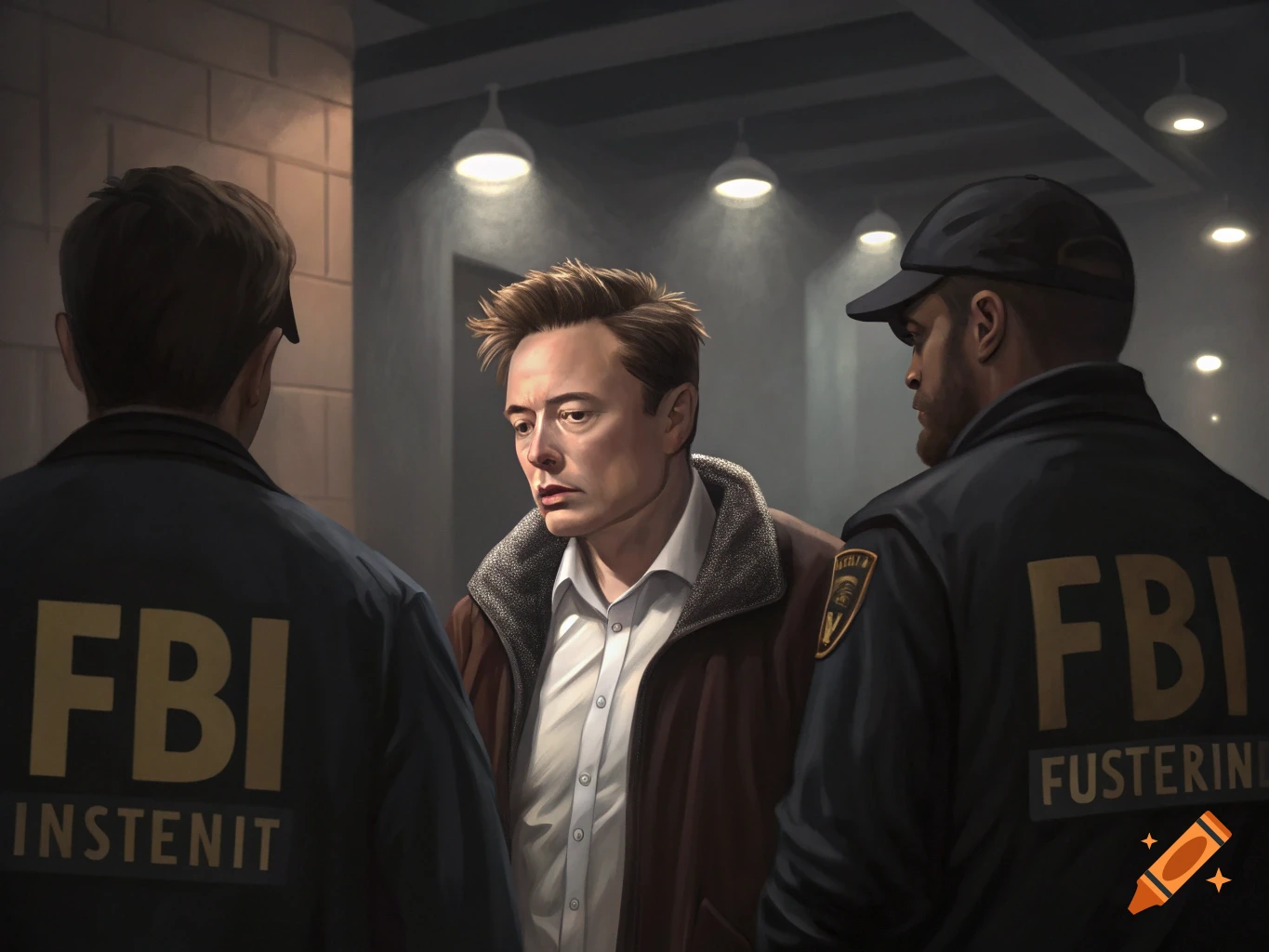 Elon Musk looks worried, standing between two men in FBI jackets with incorrect text on the backs.