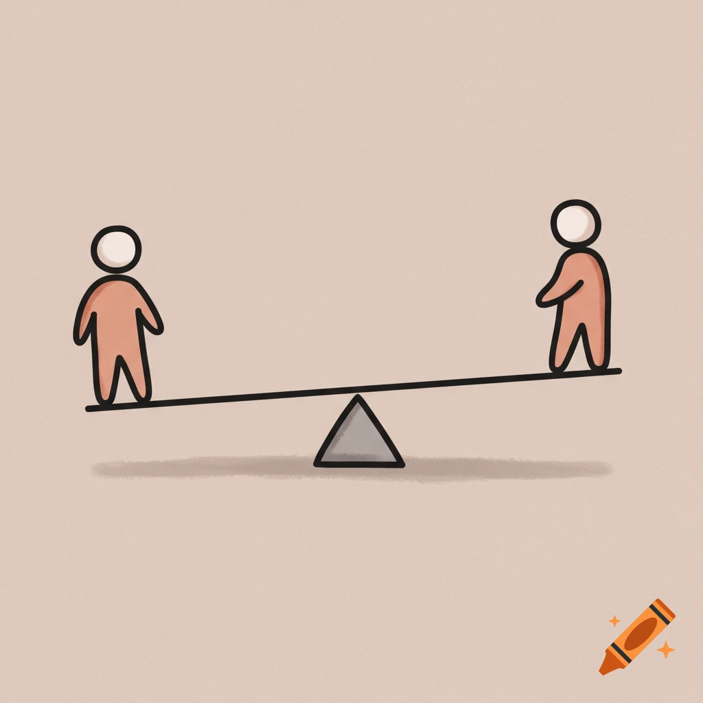 A simple doodle of two stick figures standing on a seesaw.