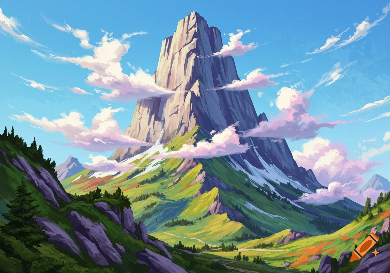 Stylized mountain landscape with a large peak, green slopes, and clouds