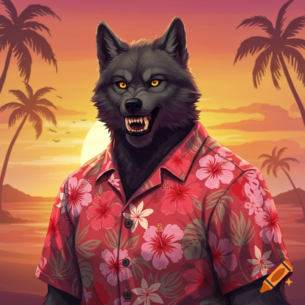A black werewolf wears a red Hawaiian shirt on a tropical beach at sunset.