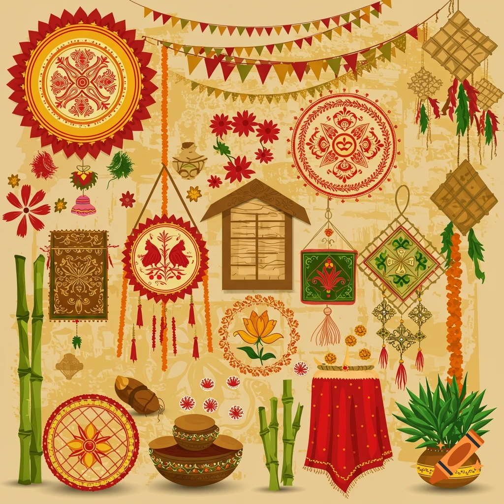 Collection of traditional Bangladeshi decorations, including hangings, banners, pots, and bamboo.