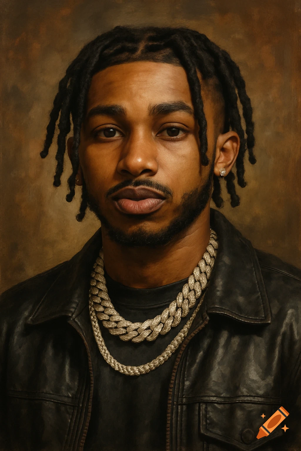 Portrait of a man with dreadlocks, beard, and diamond chains, wearing a leather jacket, against a brown background.