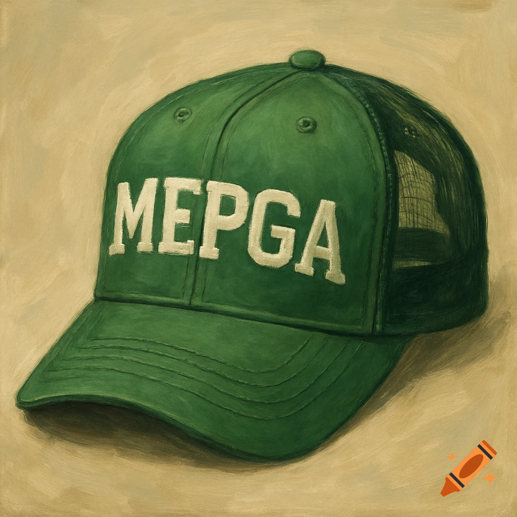Painting of a green trucker hat with white letters "MEPGA" on the front.