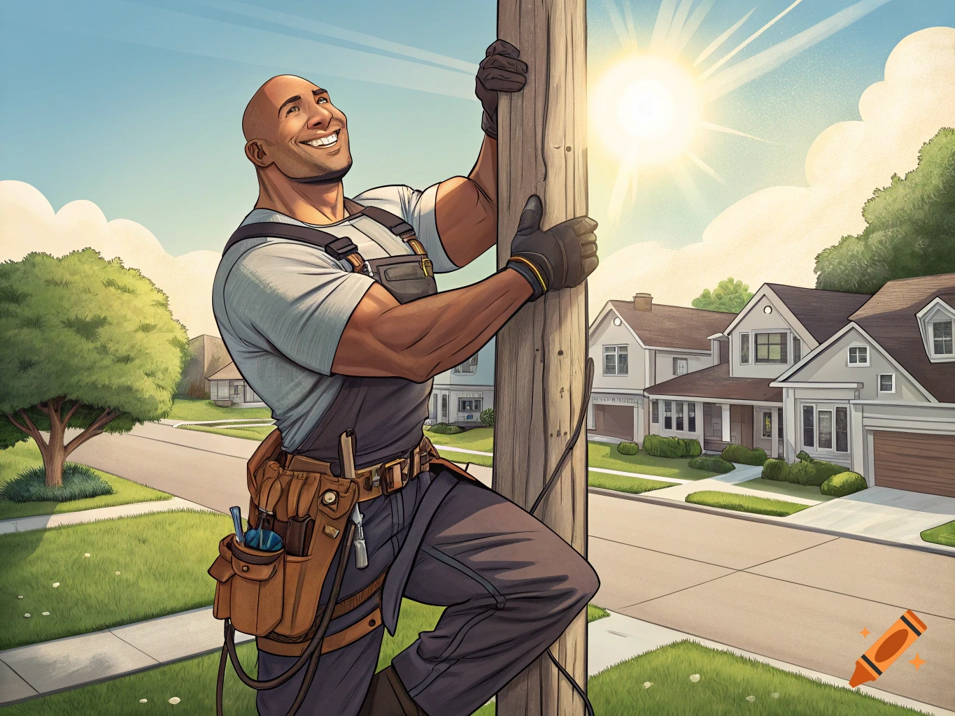 Muscular man climbing a utility pole in a suburban neighborhood illustration