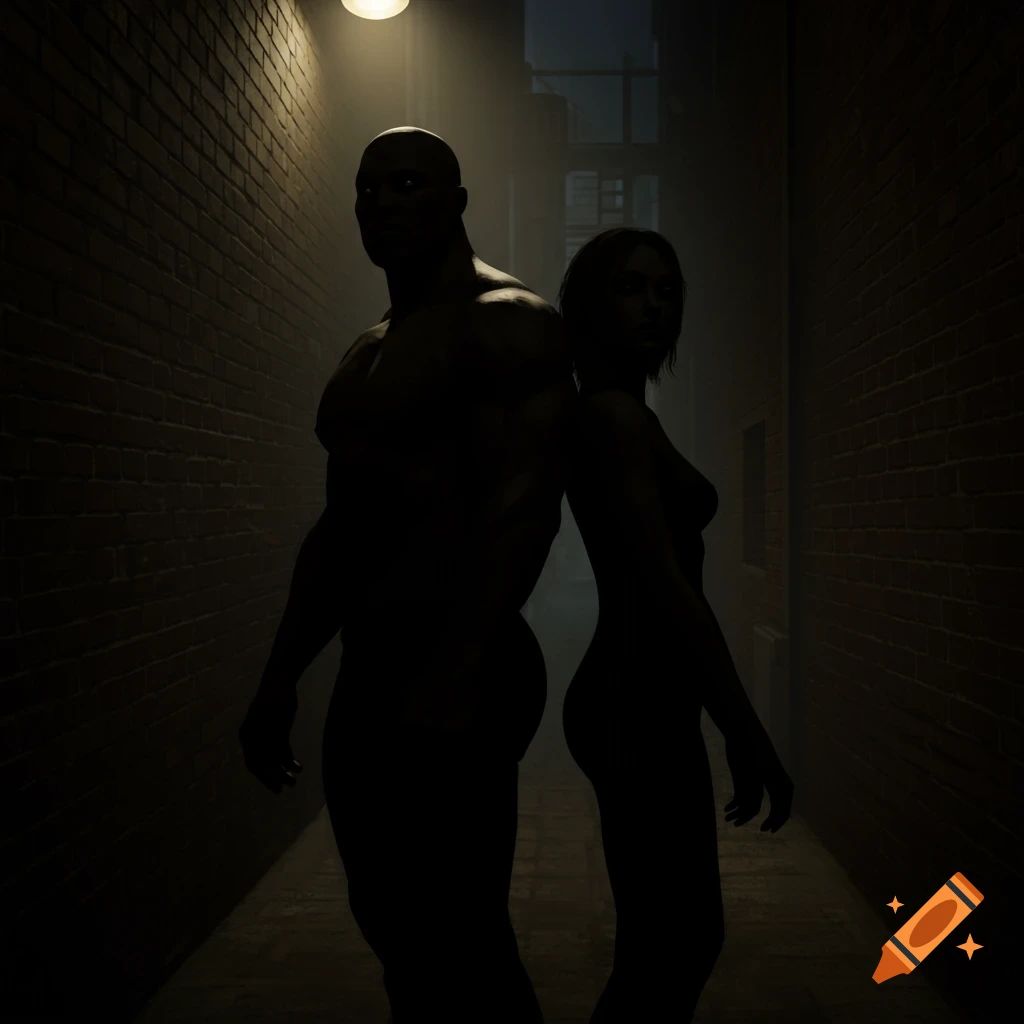 Silhouettes of a man and a woman standing back to back in a dark alley with dramatic lighting.