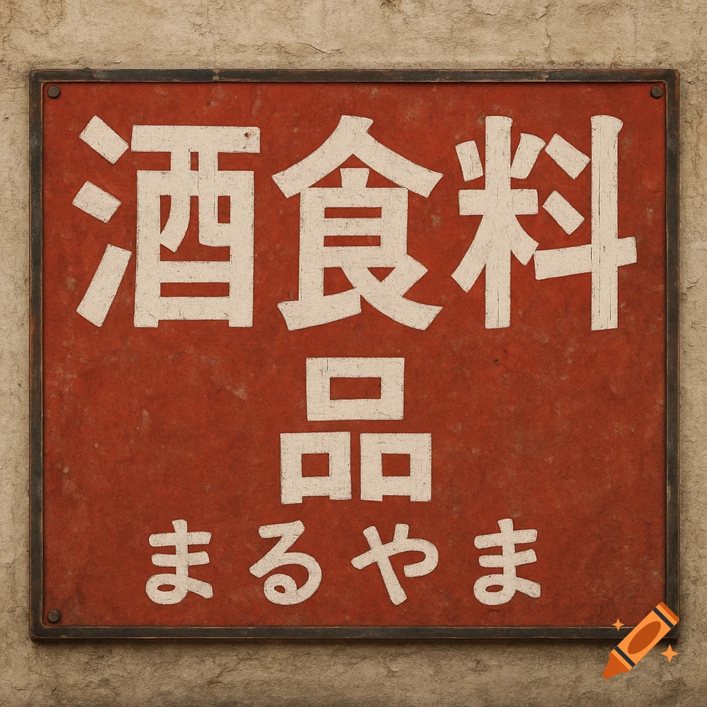 Close-up of an old, weathered red Japanese store sign with white text on a textured wall.