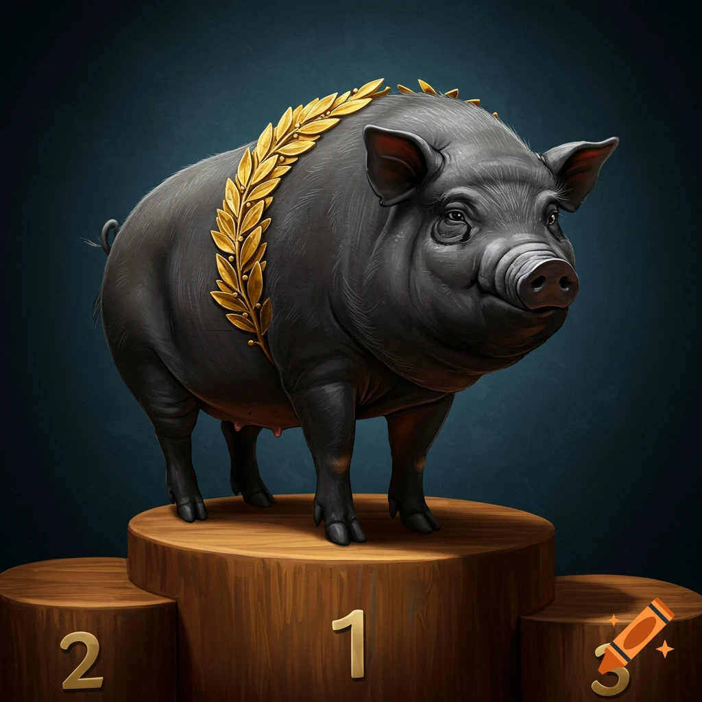 A black pig stands on the first-place spot of a wooden podium, wearing a gold laurel wreath.