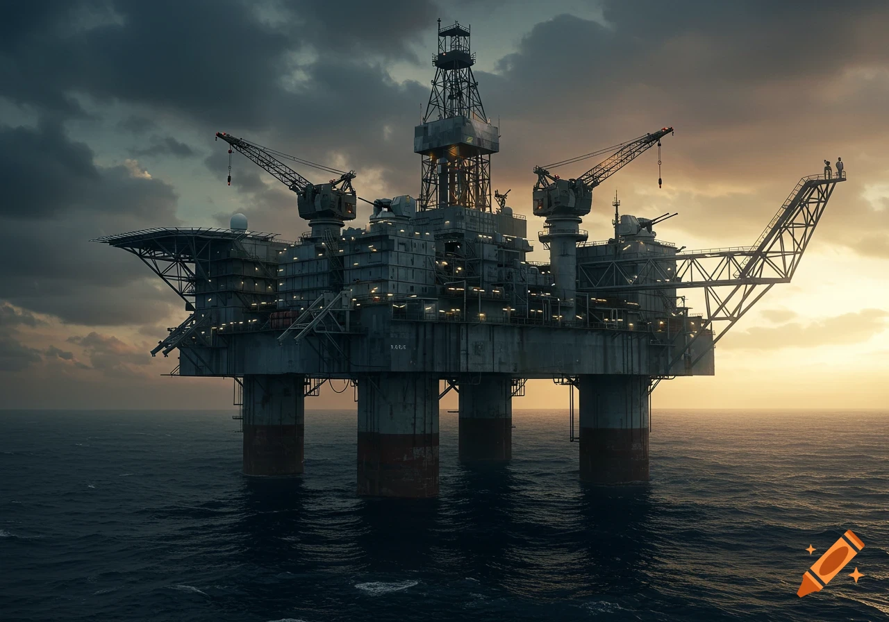 Large oil rig in the ocean at sunset