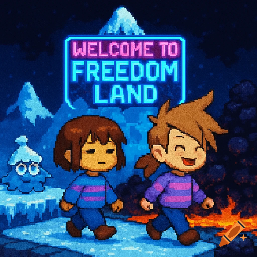 Pixel art of Undertale's Frisk and another child walking past a 'Welcome to Freedom Land' sign in a landscape with ice and lava.