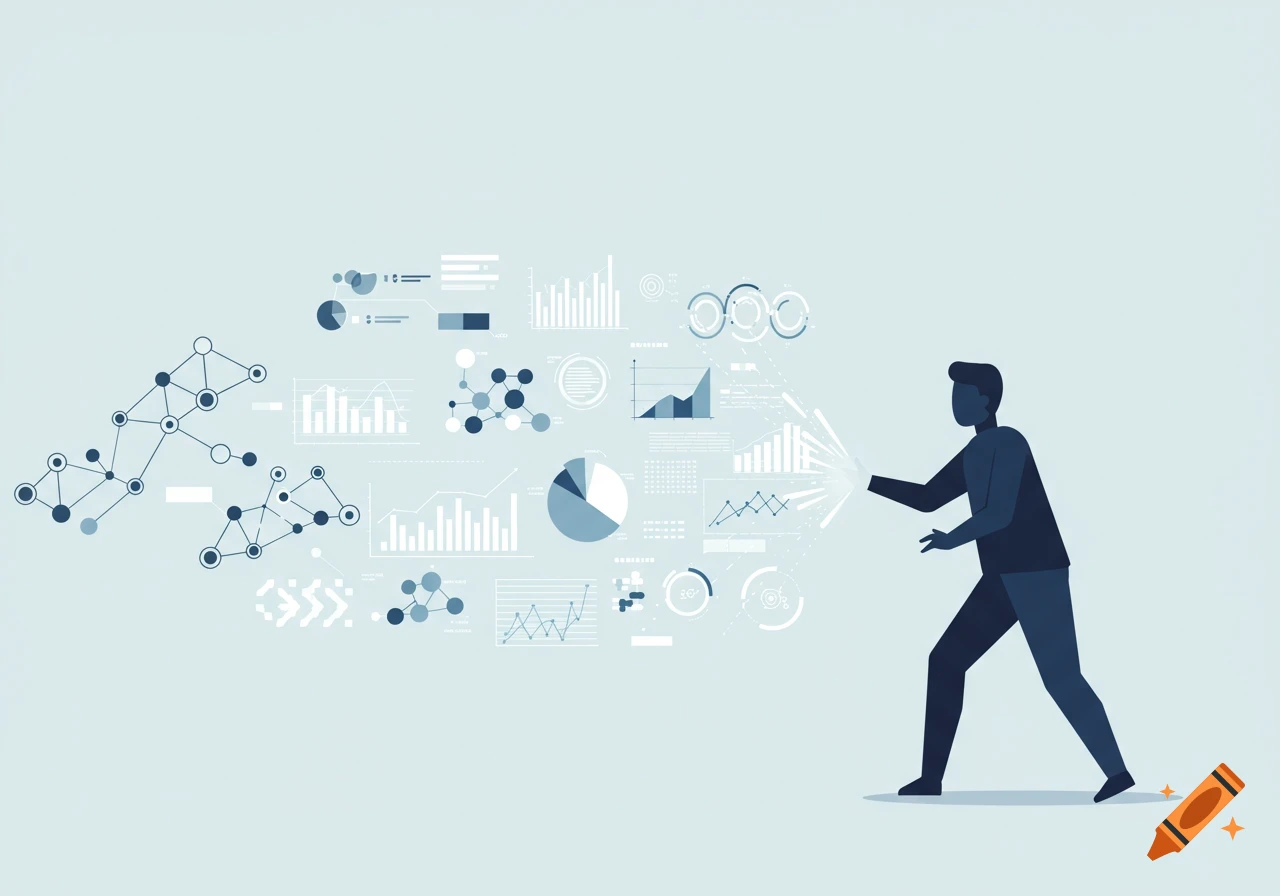 Stylized vector illustration of a person interacting with various data charts and network diagrams.