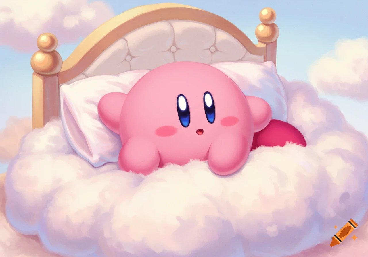 Cute pink Kirby character lying in a white bed surrounded by clouds, digital illustration.