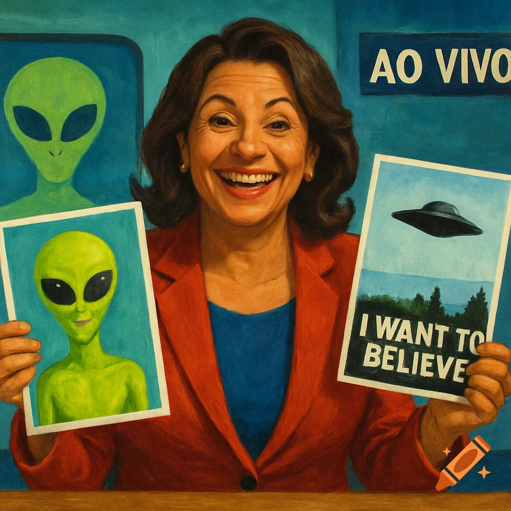 Painting of a woman holding alien posters with aliens and text in background.