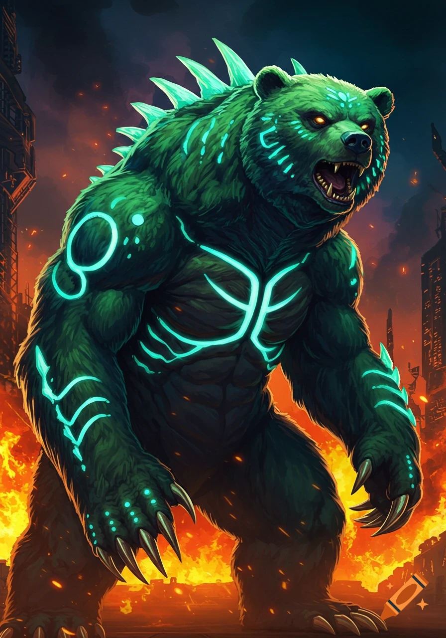 A green bear kaiju with glowing blue lines and spikes stands in a ruined city engulfed in flames.