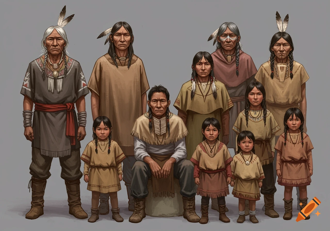 A group portrait of nine people in traditional clothing.