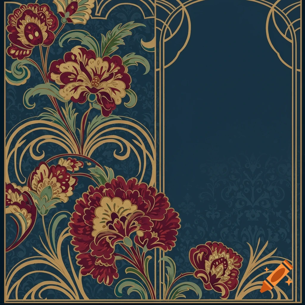 Art Nouveau/Art Deco style floral pattern in deep blue with red and gold flowers and scrolling vines.