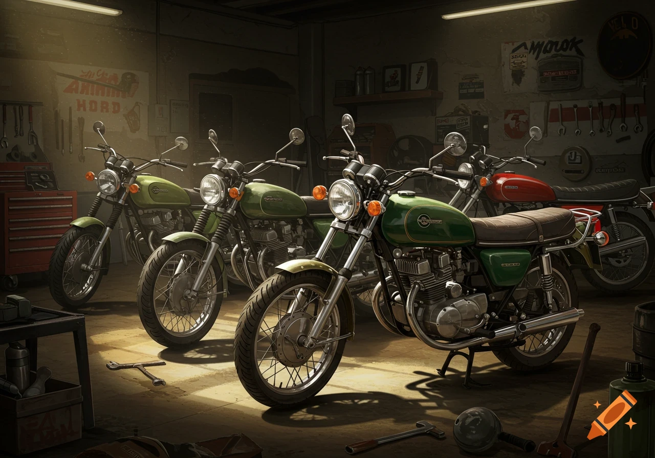 Several classic motorcycles parked in a dimly lit garage