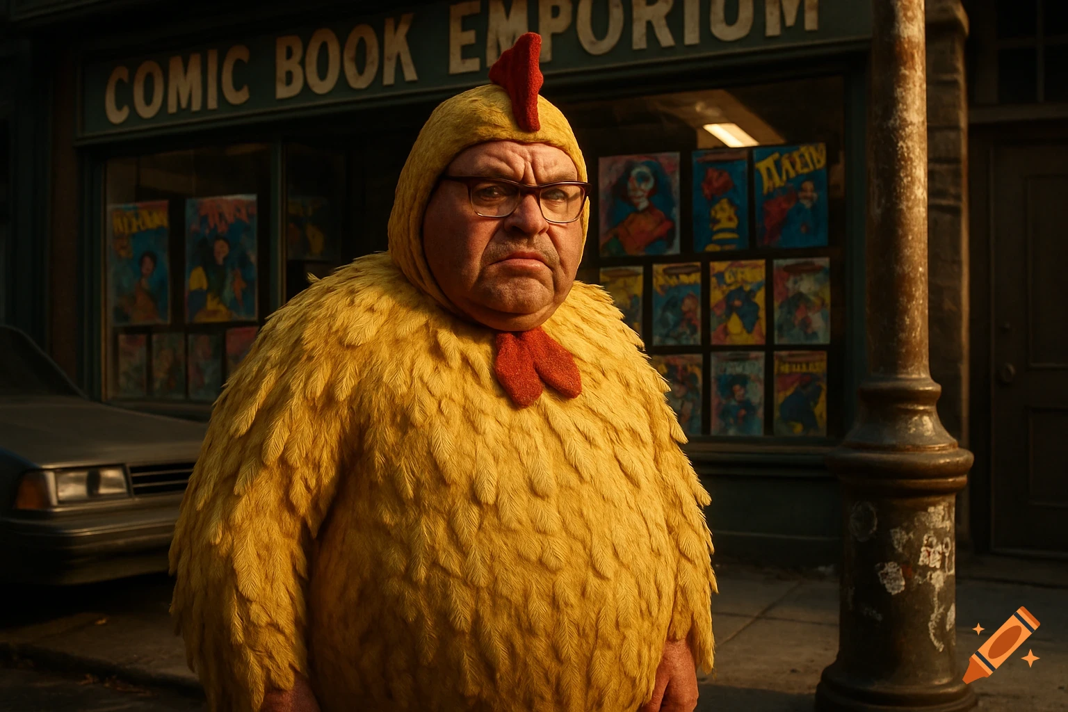 A person in a detailed yellow chicken costume stands outside a comic book store in a realistic style.