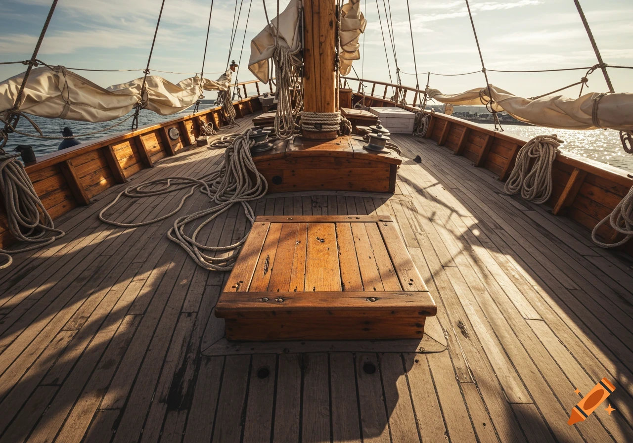 Looking down the wooden deck of an old sailboat with sails, ropes, and sun shadows.