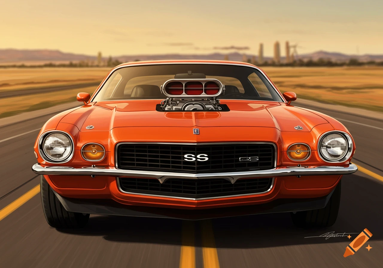 Front view illustration of an orange 1971 Camaro SS on a road.