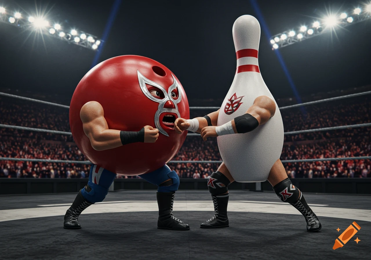 Bowling ball luchador wrestling bowling pin wrestler in arena.