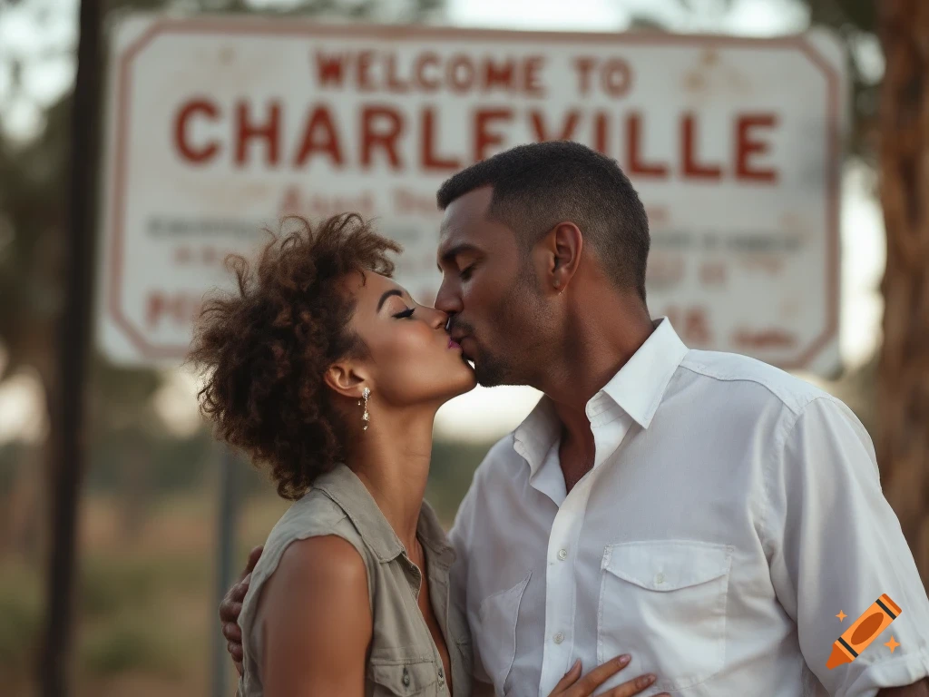 Couple kissing in front of a welcome sign.