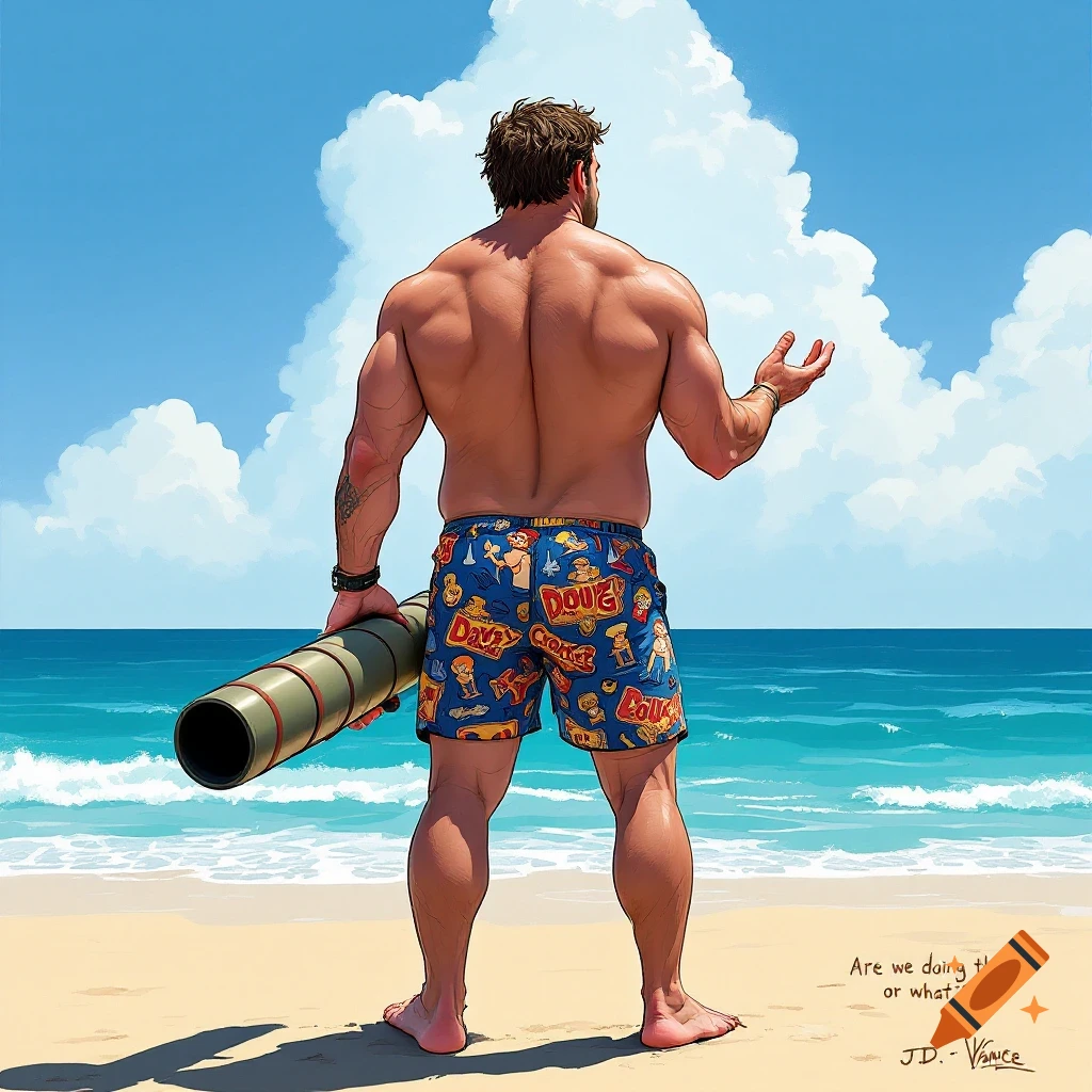 Muscular man in patterned swim trunks standing on a beach, holding a large tube, looking back over his shoulder. Illustration style.