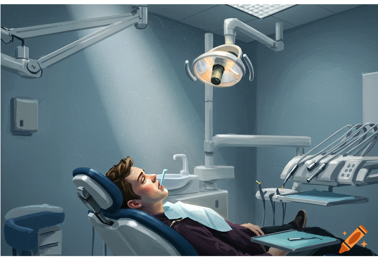 Illustrative painting of a person in a dentist chair.