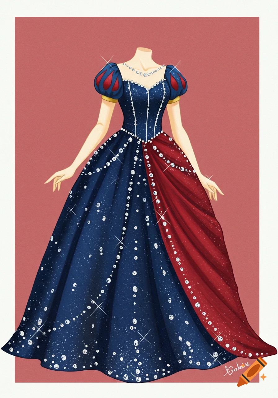 Illustration of a headless figure wearing a navy blue and red dress adorned with sparkling diamonds.