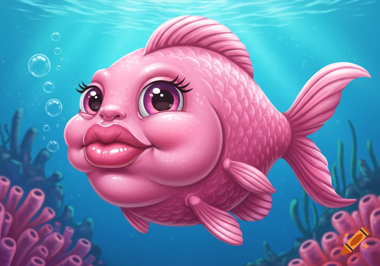 A super cute cartoon pink fish with large pink lips and eyelashes swims underwater near pink coral.