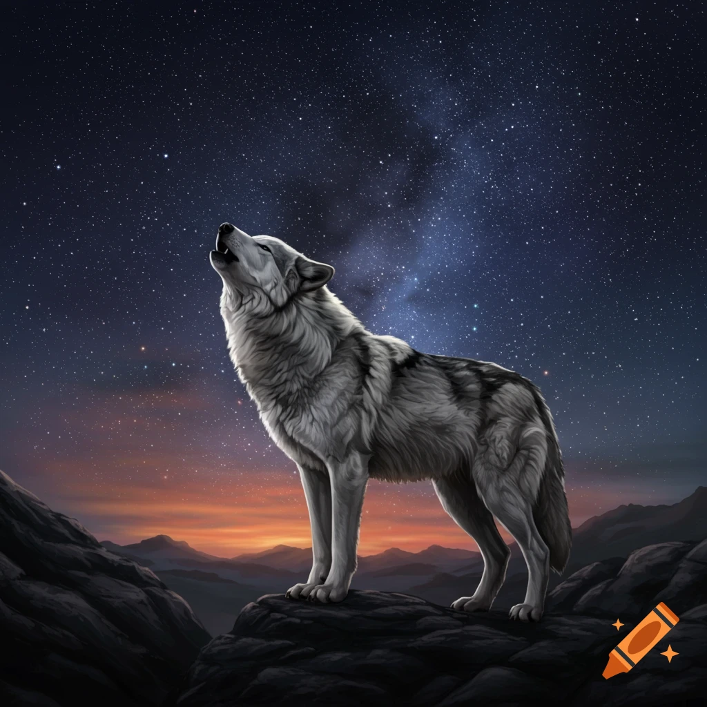 A grey wolf howls on a rocky cliff under a starry night sky and sunset horizon, digital painting.