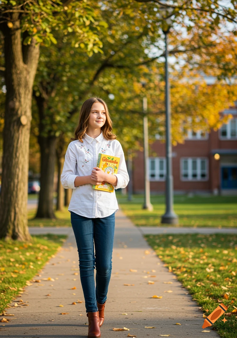 Teenage girl walks with a book down a sidewalk in autumn near a school building.