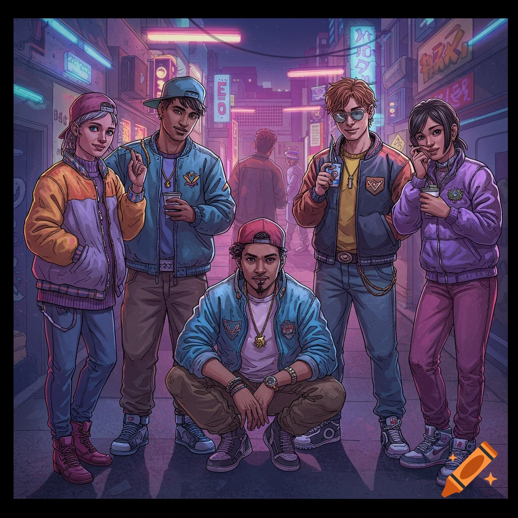 Illustrated group portrait of five young people in streetwear posing in a neon-lit city street.
