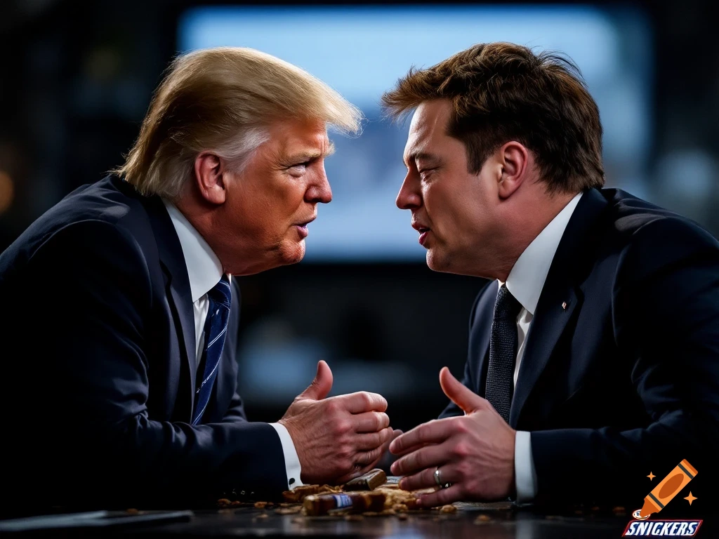 Photorealistic portrait of Donald Trump and Elon Musk arguing across a table with Snickers wrappers, styled as an ad.
