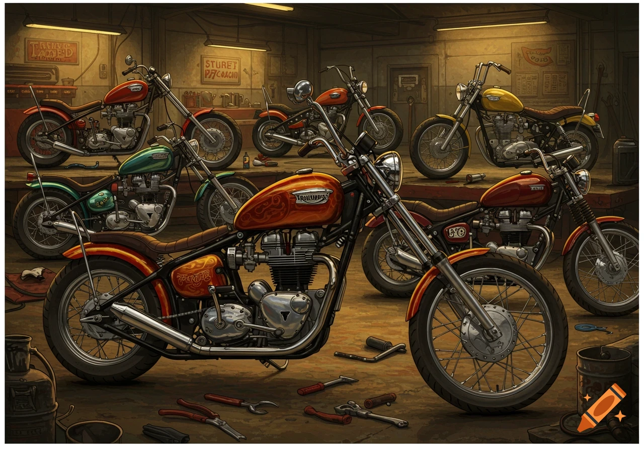 Several classic motorcycles, including choppers, parked in a cluttered workshop or garage.