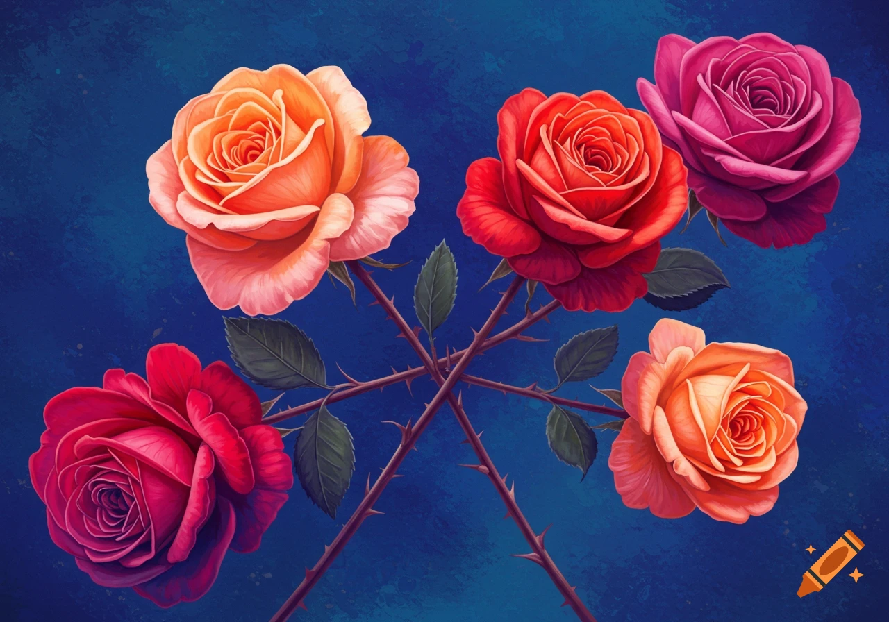 Illustration of several red, pink, and orange roses with crossing stems against a dark blue background.