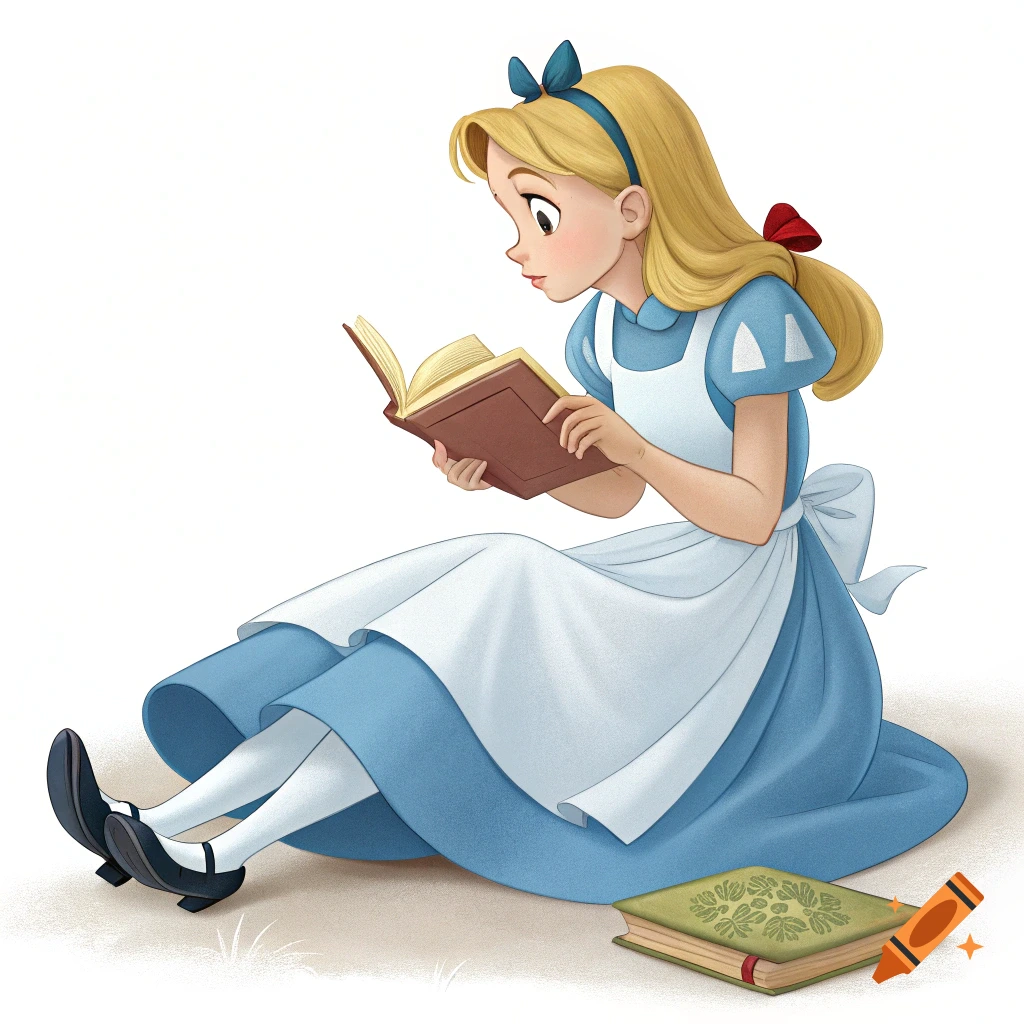 Alice in Wonderland sitting on the ground reading a book, illustration