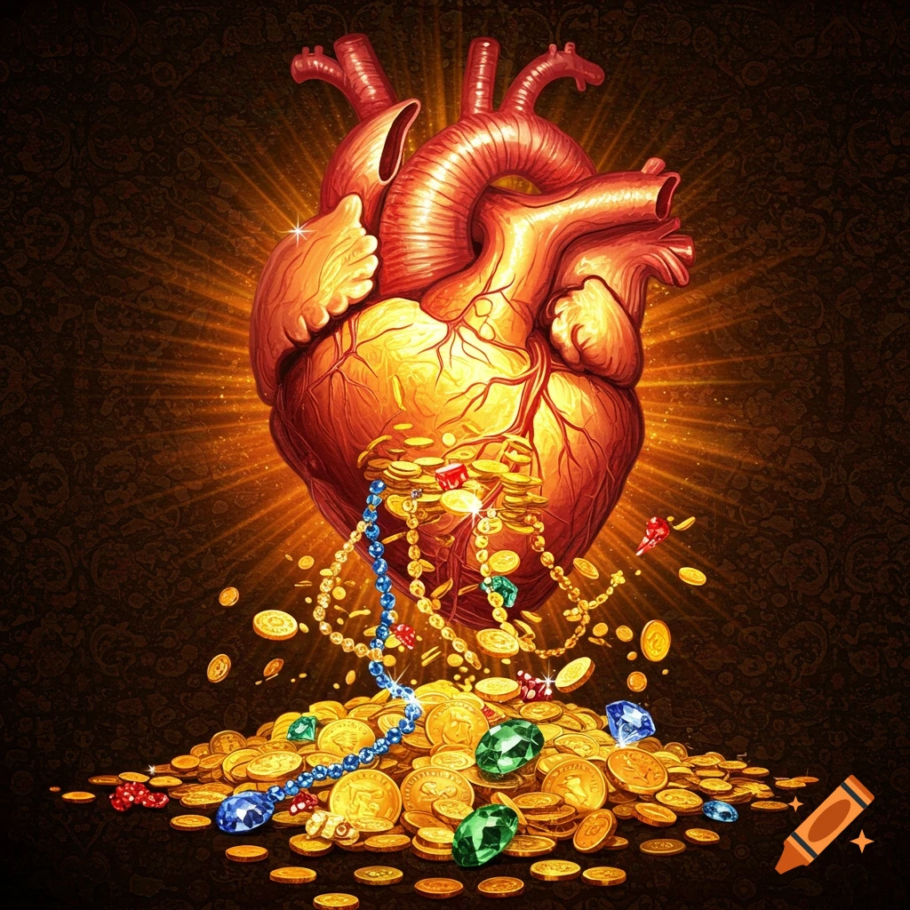 An anatomical heart overflowing with gold coins, jewels, and beads in a fantasy illustration style.