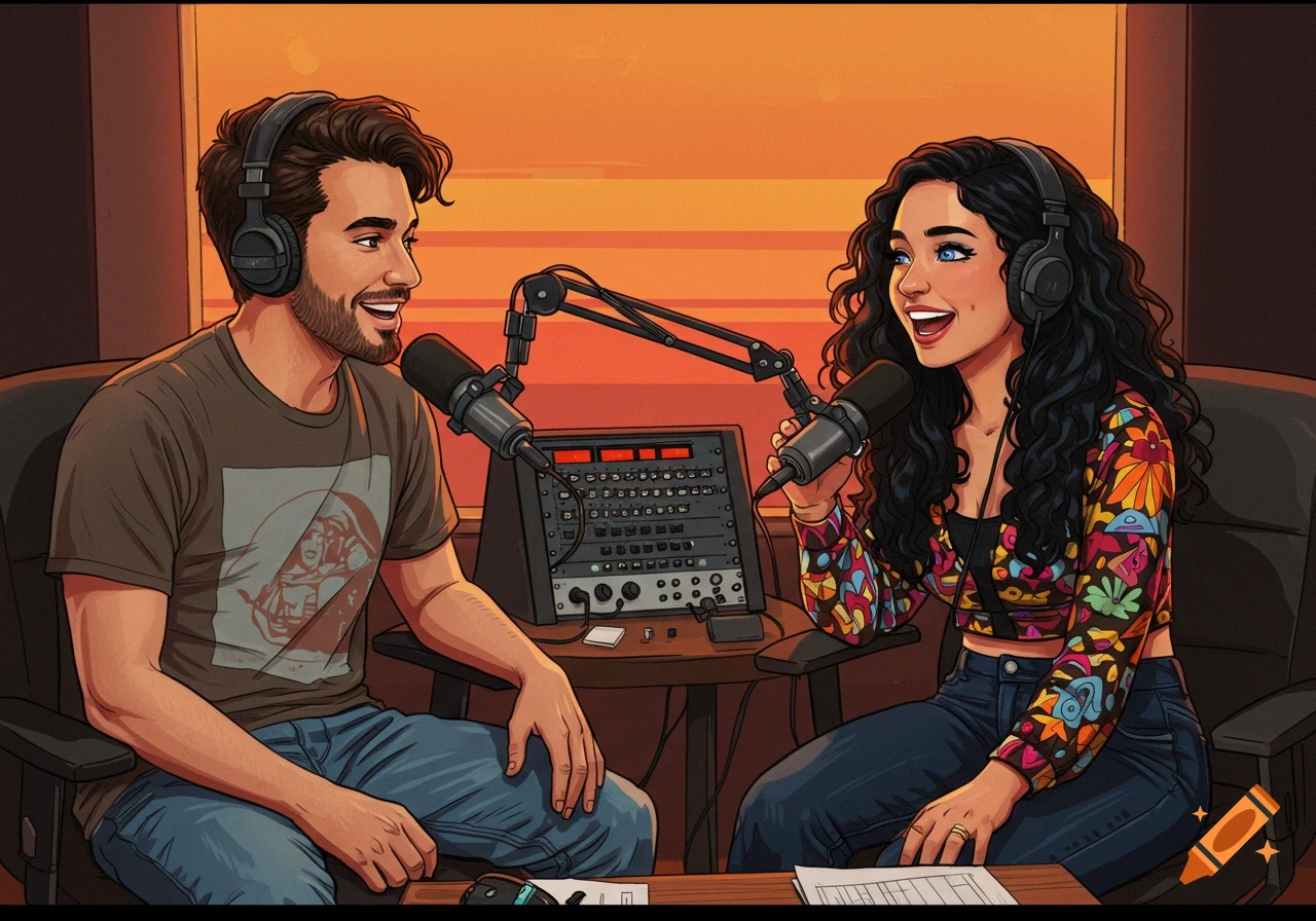 Illustration of a man and woman recording a podcast in a studio.