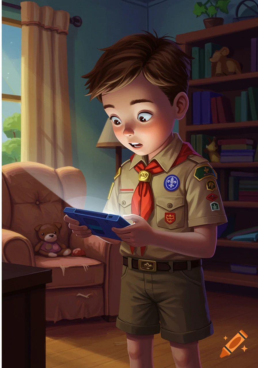 An illustration of a young boy in a scout uniform looking in surprise at a glowing tablet in a room.